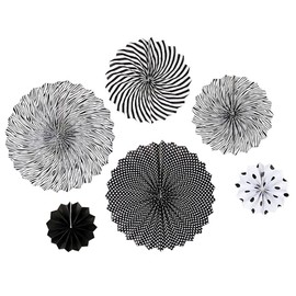 Paper Fan Decorations, Black Pom Poms Paper Fans Paper Flowers Decorations Fan Paper, 6PCS Wall Hanging Decoration Paper Decorations Hanging for Wedding Festival Infant Baptism, Black White