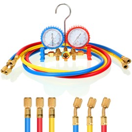 Therwen Compatible with R410A R22 R404A R134A 60" Refrigerant Charging Hoses with 3 Way A/C Diagnostic Manifold Gauge Set 1/4" Thread HVAC Gauges Air Conditioning Line Repair Tools
