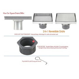 Shower Square Drain 4 inch - 2 IN 1 Reversible Tile Insert & Flat Grate Brushed Stainless Steel Finish