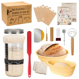 JoeCo Sourdough Starter Kit, Complete Starter-To-Loaf Set with Instructions, Sourdough Starter Jar, Silicone Proofing Baskets, Danish Dough Whisk, Dough Scraper, Bread Lame & Sourdough Baking Supplies