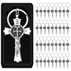 Junkin 48 Pcs Saint Benedict Crucifix Jesus Keychain Medal Cross Catholic Keychain Recuerdos De Bautizo for Baptism Communion
