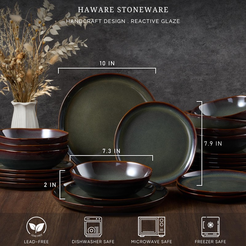 HaWare Plates and Bowls Set, Stoneware Dinnerware Sets, 18-Piece Hand-painted