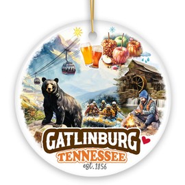 Classic Gatlinburg Tennessee Ceramic Ornament, Vintage Souvenir and Pigeon Forge Christmas Decor Gift (Circle)