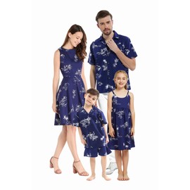 Matchable Family Hawaiian Luau - Ropa de hombre y niña en mapa clásico flamenco azul marino, Ajuste y acampanado, 6 Años