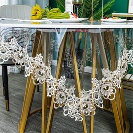 Plastic Clear Round Tablecloth Vinyl PVC Waterproof Tablecloth Embroidered Lace Edge Transparent Table Cover for Kitchen Dining Coffee Table (Round 43 inch, Khaki Flora)