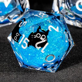 OUKELANWO Cat Liquid Core DND Dice Set, Blue 7 Pcs Resin D&D Dice, Sharp Edged Role Playing Dice D20 D12 D10 D8 D6 D4
