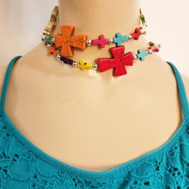 Multi-color Carved Crosses Gemstone Turquoise Handmade Christmas Easter Necklace Bracelet Earrings