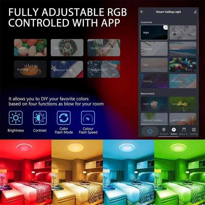 Smart LED Ceiling Light 30W with Remote, RGB + Adjustable