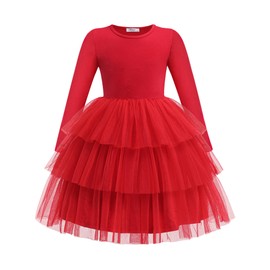 Arshiner Toddler Tutu Dres Girls Long Sleeve Red Xmas Holiday Birthday Party Tulle Dresses 4 Years
