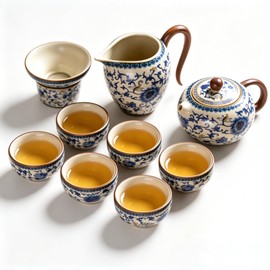 Chinese Tea Pot Sets,10 Pcs Portable Ceramic Cup for Tea, White And Blue Tea Kettle Set,Including 1 Teapot, 1 Tea Strainer, 7 Tea Cups, Asian Tea Sets For Adult,Home,gifing,Tea Lover And Office