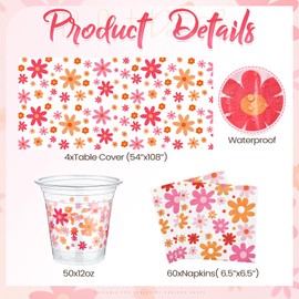 Ziliny 50 Boho Groovy Plastic Disposable Daisy Cups 12 oz Flower Drinking Beverage Cups Bulk Daisy Birthday Party Decorations with 60 Napkins 4 Table Cloth Retro Supplies for Home Classroom