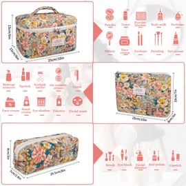 Gosect Makeup Bag Set, Quilted Makeup Bag, Large Floral Cosmetic Bag for Women, Cute Cotton Makeup Bags, Flower Travel Toiletry Organizer Bag (South Twigs Flower)