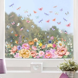 Colorful Flowers Butterfly Window Stickers, Double-Side Glass Decals Summer Floral Window Clings for Mirror Glass Display Shop Office School Supplies Reusable (Peony)