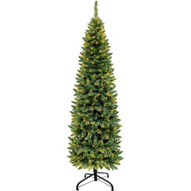 TURNMEON 6.5 Ft Christmas Tree 250 LED Warm Lights, Christmas Decoration 826 Branch Tips Premium Hinged Artificial Pencil Xmas Tree Metal Stand Indoor Outdoor Decor Home Holiday