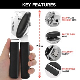Can Opener Manual, MARSWELL Hand Held Can Opener Heavy Duty with Sharp Blade, Can Openers for Seniors with Comfy Grip Handles & Easy to Turn Knob, Black
