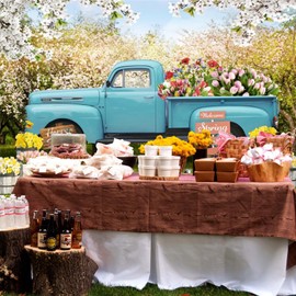 ZJRBJB Spring Garden Backdrop Blue Truck Photography Backdrops Blossom Flowers Photoshoot Background Children Birthday Wedding Baby Shower Party Decor 10x8ft