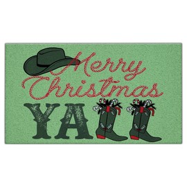Jvpke Green Merry Christmas Western Cowgirl Boots Outdoor Mat for Front Door Porch Outside, Merry Christmas Western Decor Bath Mat, 17x30 Inches
