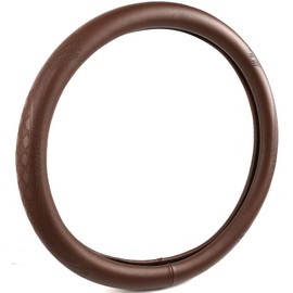 PJBTYZ 【2025 Model】 High-Grade Real Cowhide Steering Wheel Cover for Men Women，Brown Genuine Leather Steering Wheel Cover for Cars,Universal 14.5-15 inch Steering Wheels,Grid & Square Motif