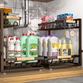 Sevenblue 2-Pack 2-Tier Height Adjustable Under Sink Organizer & Storage | Multi-purpose storage for kitchen & bathroom cabinet. Extra Large brown shelf,