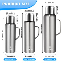 Vacuum Insulated Flask 1500ml/50oz with Cup Lid Stainless Steel Thermo Water Flasks Leakproof Keep Coffee Hot&Cold Drink Bottle.(Silver, with Handle, 1500ml)