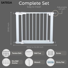 SATEGA Baby Gate for Stairs & Doorways with 4-Mode Alarm | Auto-Close | Fits 29.5–32.2” | No Drilling | Extra Security Baby & Pet Safety Gate | Easy Install, Two-Way Opening, Hold-Open 90°