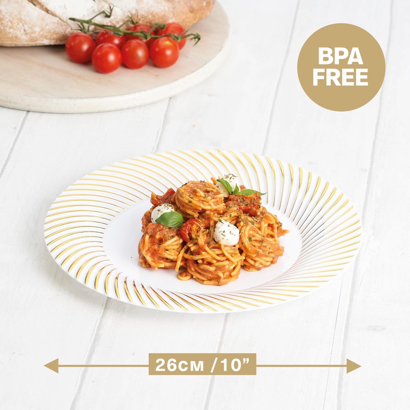 MATANA 20 White Plastic Plates with Gold Rim for Weddings,