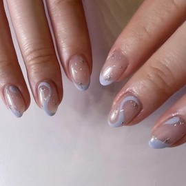 24 Pcs Oval Press on Nails Short Almond Nail Tips,YEFIUO Pink Fake Nails Press ons Purple Blue French Glue on Nails Summer Glossy Acrylic Nail Art Kit Full Cover False Nails with Line Design for Ma'am