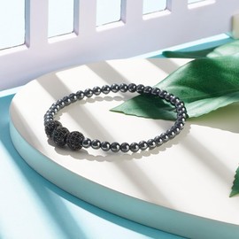 Hemasa Synthetic Hematite Round Beaded Stretch Bracelet with Cubic Zirconia