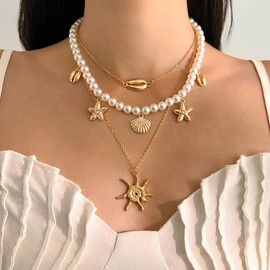 LKingel Gold Starfish Necklaces for Women Sea Shell Mermaids Necklaces Mermaid Beach Charm Necklace Mermaids Shell Beaded Choker Necklace Trendy Summer Jewelry (Conch)