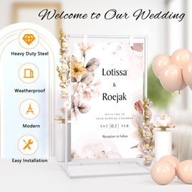 Cathyeen Wedding Welcome Sign Stand, 50”x30”x 20” Heavy Duty Easel Stand for Sign with 8 Pair Satin Ribbon, Welcome to Our Wedding Sign Holder, Metal Floor Standing Easels for Signs, Poster (White)