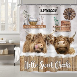 Imirell Highland Cow Shower Curtain 60Wx72H Inches Rustic Farmhouse Bull Funny Animal Wooden Board Country Western Wildlife Plant Nature Farm Fabric Waterproof Polyester with 12 Pack Hooks Plastic