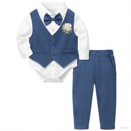Yoolhamy Baby Boys Formal Suit, Infant Gentleman Outfit Clothes Sets 0-18M Newborn Wedding Birthday Bodysuit + Pants + Waistcoat + Bow Tie + Corsage (UK, Age, 12 Months, 18 Months, Blue)