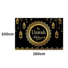 Umrah Mubarak Backdrop 150cm x 100cm – Black with Gold Accents | Islamic Party Decoration for Celebrations, Umrah Mubarak Decorations, Muslim Events, Eid, Ramadan, Photo Booths & Special Occasions