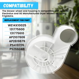 HECASA 131775600 Blower Wheel and Housing Compatible with Specific Electrolux and GE Manufactured Dryer Models including Frigidaire Replacement for WE14X10025 White PP Plastic Assembly