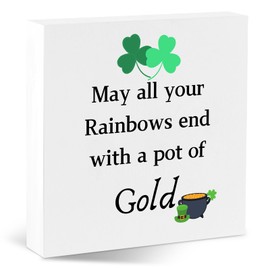 St. Patricks Day Decorations, Irish Shamrock Table Decor for Home Office, St.Patrick Wooden Desk Sign for Shelf Tiered Tray, Saint Gifts Lucky Rustic Blessing Accessories, Rainbows end with Gold