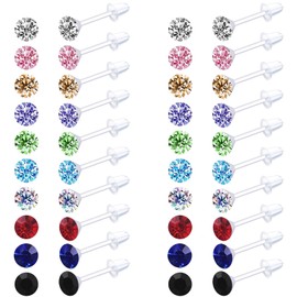 Plastic Earrings,80pcs Colorful Cubic Zirconia Earrings for Gril, medical grade plastic Post earrings for sensitive ears, 3mm stud earrings for women hypoallergenic