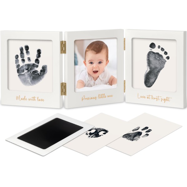 Baby Handprint and Footprint Kit for Newborn Boys & Girls - Inkless Hand and Footprint Maker, Baby Picture Keepsake Frame, New Mom Baby Shower Gifts, Dog Paw Print Kit, Baby Registry (White/Gold)