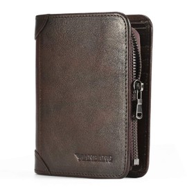 MANBANG Mens Wallet Zipper Genuine Leather RFID Card Holders Cowhide Zip Coin Pocket Bifold wallets for men, Dark brown, 4.7*3.7 inch, Retro