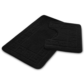 VELVETIO Bath Mat Set 2 Piece Machine Washable for Bathroom, Jacquard Greek Non Slip Quick Dry Shower Rugs & Bathtub Mats, Highly Water Absorbent 100% Polypropylene Toilet Rug Sets, Black