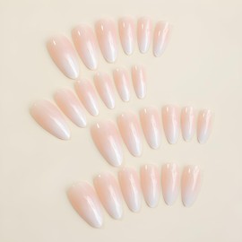 Almond Fake Nails White Gradient Press on Nails Medium Glossy Nails Press ons White False Nails Acrylic Nails Full Cover Glossy Glue on Nails Stick on Nails for Women Girls 24 Pcs