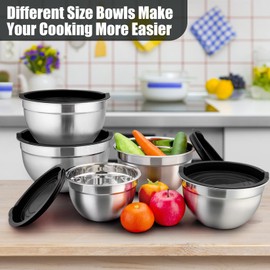 P&P CHEF Mixing Bowls with Airtight Lids Set of 5, 10-Piece Stainless Steel Mixing Nesting Bowl, Metal Bowl with Lid for Kitchen Prepping & Storing, Size 4.6, 3, 1.5, 1, 0.7 QT, Black