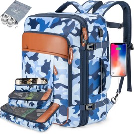 BAGPARKK Travel Backpack 42L Carry on Backpack Flight Approved Expandable Travel Backpack Carry on Backpack Luggage Daypack (Blue Camouflage)