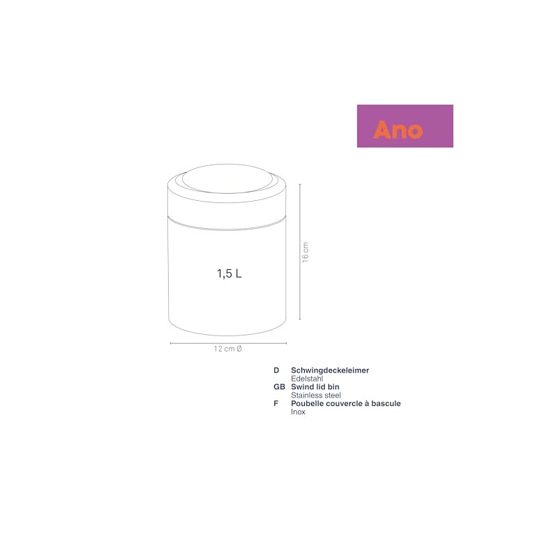 Kela 21381 Ano Swing Lid Bin Stainless Steel 1.5 L