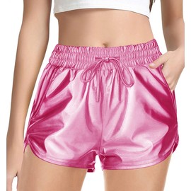 Haloumoning Girls Metallic Shorts Sparkly Dance Outfits Elastic Drawstring Shiny Hot Short Pants 5-14 Years, Pink, 5-6 Years