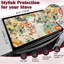 Flowers Stove Top Cover for Electric, Vintage Floral Glass Ceramic Stove Cover, Heat Resistant Flat Stovetop Protector, Dish Drying Mats for Kitchen