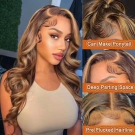 Linrkeyy Ombre Lace Front Wig Human Hair 13X6 Honey Blonde Wigs Human Hair 180% Density HD Lace Frontal Wig Body Wave 4/27 Highlight Glueless Wigs Human Hair Pre Plucked whth Baby Hair 24Inch