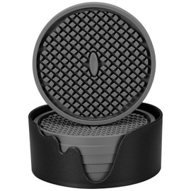 ME.FAN Silicone Coasters [6 Pack] Thickened Drink Coasters with Holder - Cup Mat - Non-Slip, Non-Stick, Stay Put, Deep Tray - Prevents Furniture and Tabletop Damages(Gray)