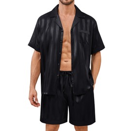 SWOMOG Men Satin Pajamas Set Silk Pjs Set Short Sleeve 2 PCS Button Down Sleepwear with Drawstring & Pockets S-3XL Black Stripe 3X-Large