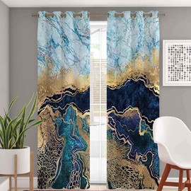 peakman Wavy Blackout Grommet Curtains 84 Inch Length, Abstract Blue Marble Fake Stone Liquid Gold Foil and Glitter Curtains 2 Panel Set for Bedroom Living Room, 104 Inch Wide