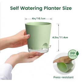 Meowell 4 inch Self Watering Pots for Indoor Plants, 5 Pack Small Flower Plant Pots with Drainage Holes and Clear Reservoirs, Visible Water Level, Plastic Planters with Wicking Rope, Green
